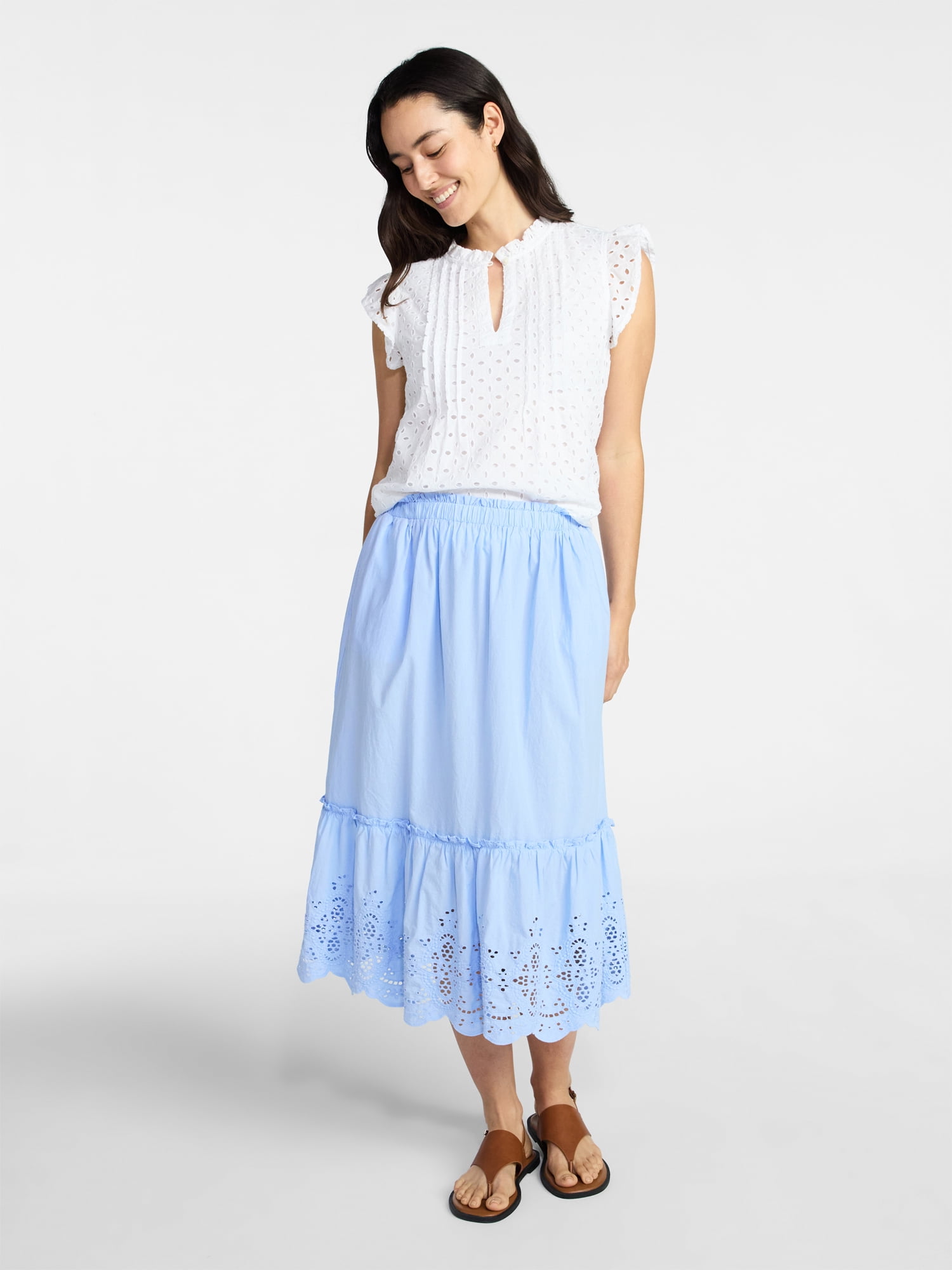 Time and Tru Women's Cotton Eyelet Top with Short Flutter Sleeves, Sizes XS-XXXL