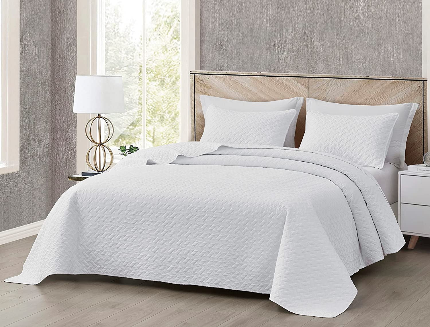 Chezmoi Collection Randall 3-Piece Soft Cooling Bamboo Fiber Quilt Bedspread Basketweave Quilted Coverlet Set (Queen, White)