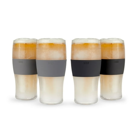 

Host Freeze Beer Glasses 16 ounce Freezer Gel Chiller Double Wall Plastic Frozen Pint Glass Set of 4 Black and Grey