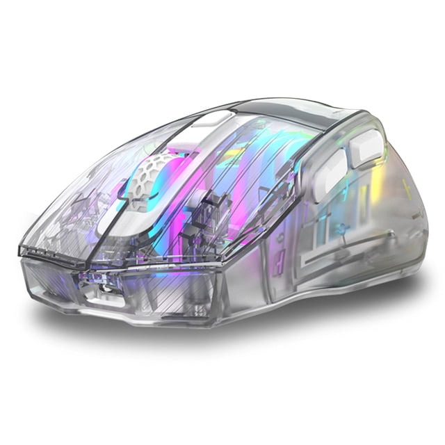 yeacher Transparent RGB Gaming Mouse with 3-Mode Connectivity (2.4G/BT5.0/Wired), 7-Key Design, 650mAh Rechargeable Battery, Adjustable DPI (1200-3600), White