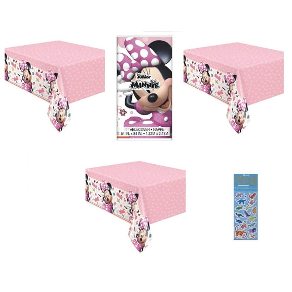 Disney Minnie Mouse Birthday Party Supplies Bundle includes 3 Plastic Table Cover 54" x 84", 1 Dinosaur Sticker Sheet