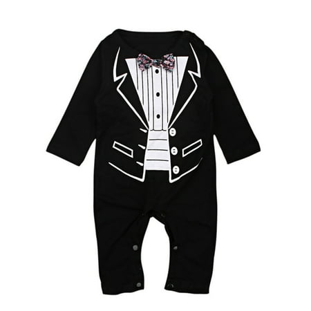 

YWDJ 0-18Month 0-24 Months One Piece Pajamas Toddler Boys Gentleman Outfit Tie Jumpsuit Black 0-6Month
