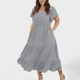 thumbnail image 3 of Women Plus Size V Neck Soild Color Elegant Ruffled Sleeves Casual Pleated Skirt Casual Dress, 3 of 4