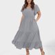 thumbnail image 2 of Vestido informal de talla grande para mujer con cuello en V, color liso, mangas con volantes y pliegues - Poliéster, moda de verano, 2 of 5