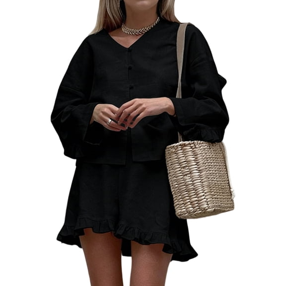 Women'S Outfits Shorts Set 2 Piece Button Up Long Sleeve Shirt Mini Shorts Set Black S