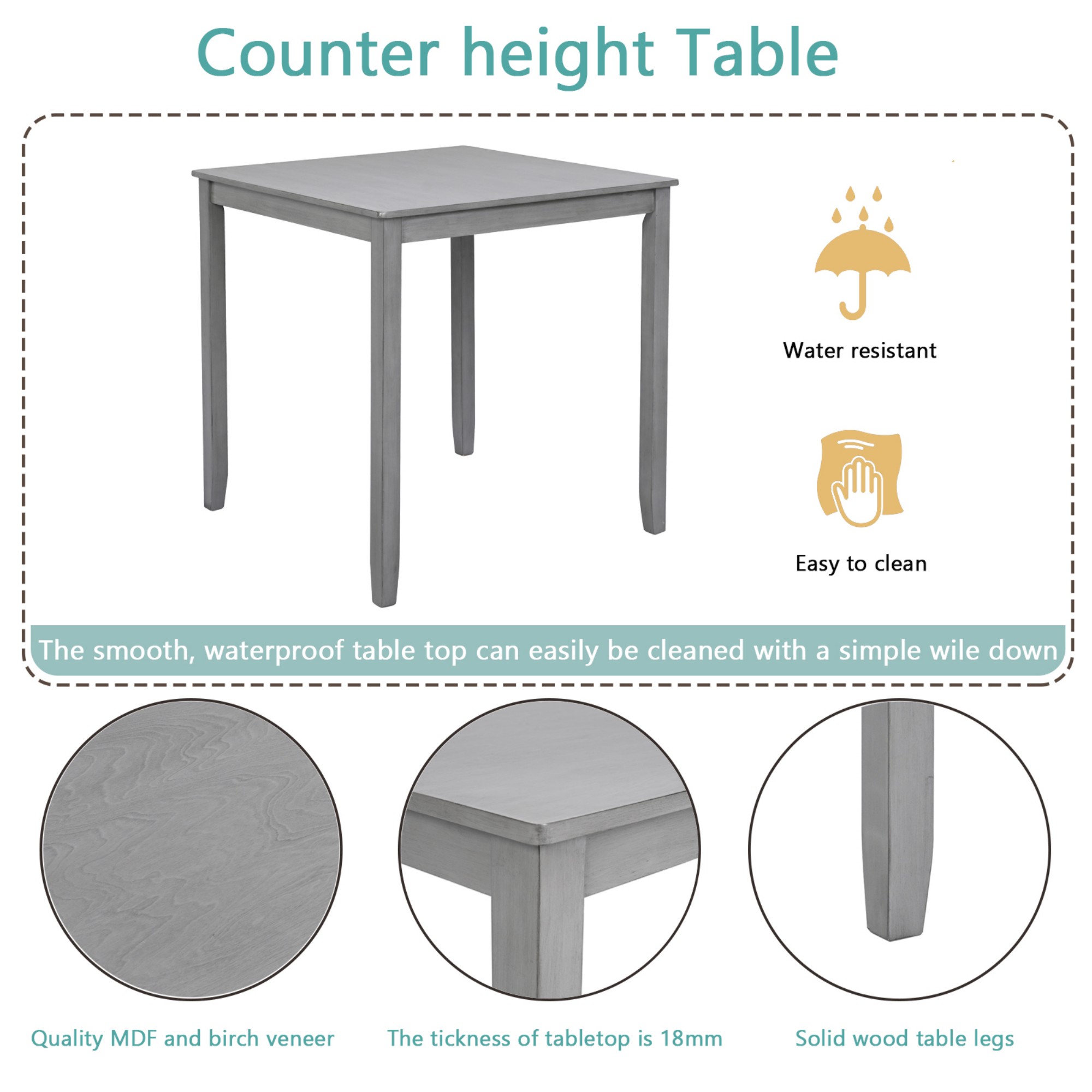 BSHTI 34.5" Acacia Wood 5-Piece Counter Height Dining Table Set with Fabric Upholstered X-Back Chairs for Kitchen Dining Room（Gray）