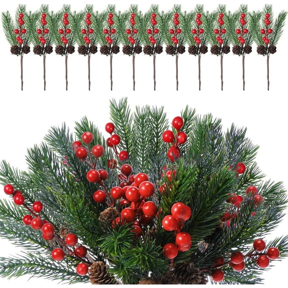 Janrevotw 12 Pcs Artificial Christmas Picks Red Christmas Berries Stems Pine Branches Cones Holly Spray Winter Holiday Floral Pick for Xmas Wreath Garland Crafts Xmas Tree Gift Wrap Decor
