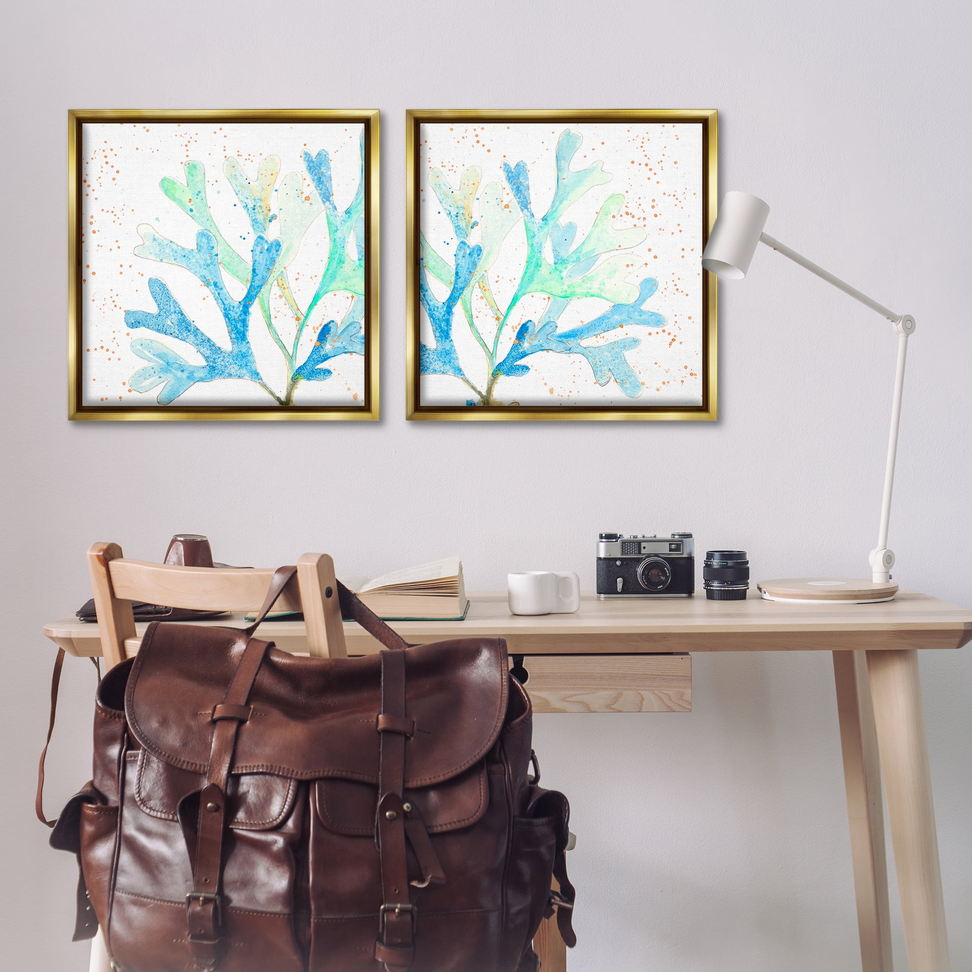 Stupell Industries Speckled Blue Green Coral Plants & Flowers Painting Gold Floater Framed Canvas Art Print Wall Art, 25 x 25, Set of 2