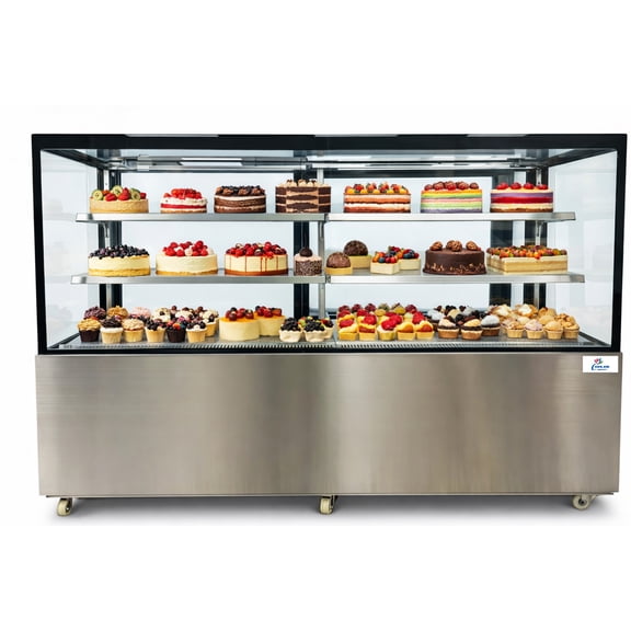 NSF 71 in Commercial Bakery Cake Display Refrigerator, 22.2 cu.ft  Large Refrigerated Pastry & Dessert Showcase, Glass Merchandiser with LED Lighting, Stainless Steel, 115V
