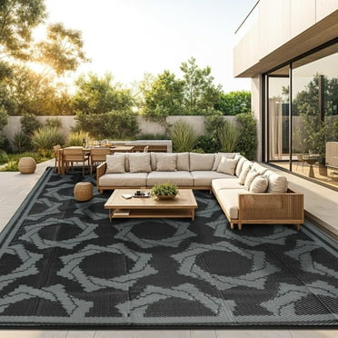 Waterproof Outdoor Rugs 8X10 for Patio Outdoor Plastic Straw Rug Reversible Outdoor Camping Rug for RV, Deck, Beach (8X10 Black Gray)