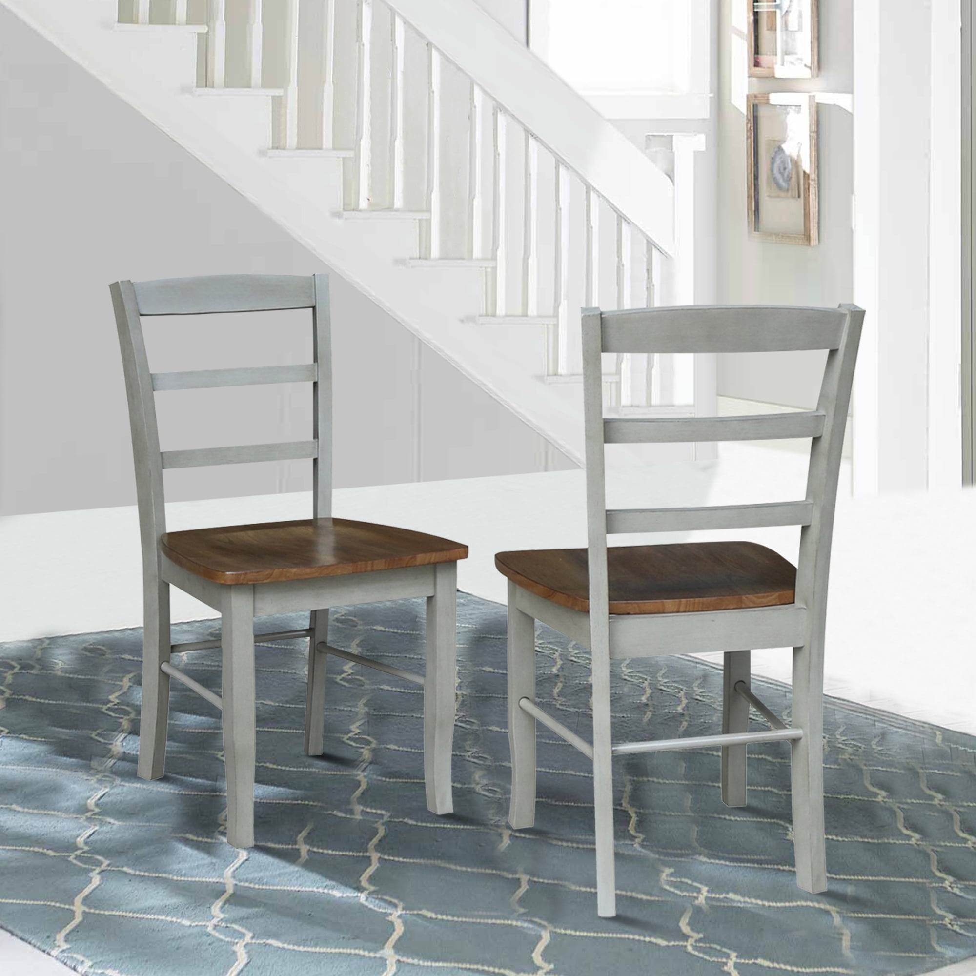 Set of 2 Solid Wood Madrid Ladderback Chairs in Distressed Hickory/Stone