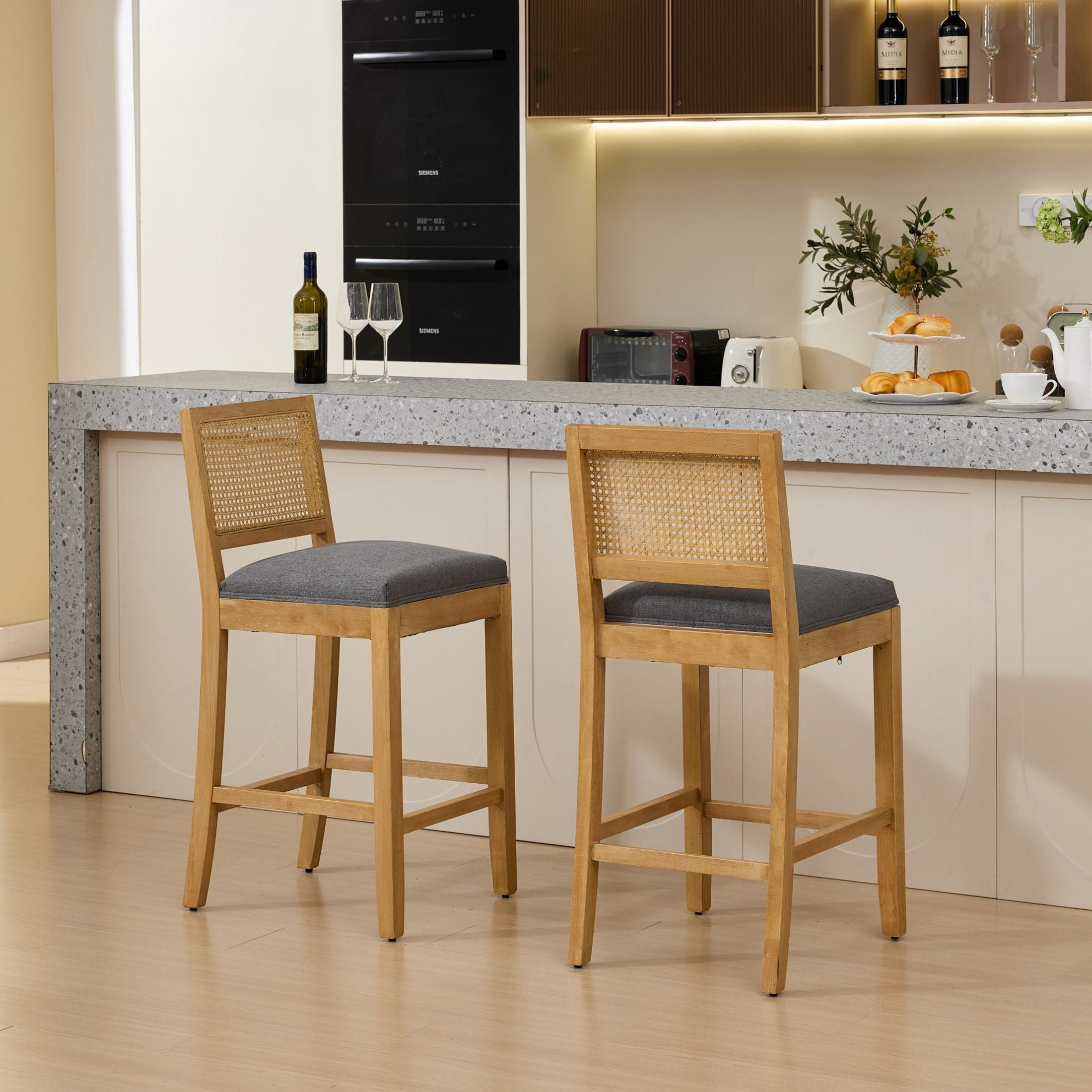 Noble House Set of 2 Rattan-Back Bar Stools, Linen Cushion, Solid Wood Frame, Gray