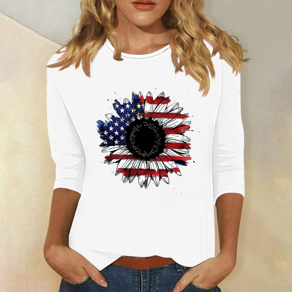 Cavosen American Flag Shirt Women Petite Patriotic 3/4 Sleeve Round Neck Shirts USA Flag Print Shirts Lady XL Independence Day Casual Tops Funny 4th of July Tunic Tees 2025 Summer Patriotic Blouses