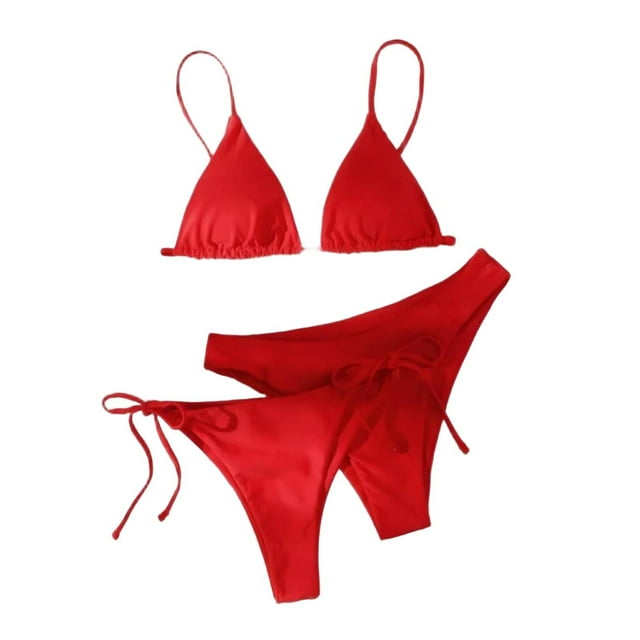 Trajes de baño para mujer, Trajes de baño para mujer, Traje de baño bikini de tirantes sin espalda de color liso para mujer, Conjunto de bikini con bloques de color y hombros descubiertos, Traje de ba