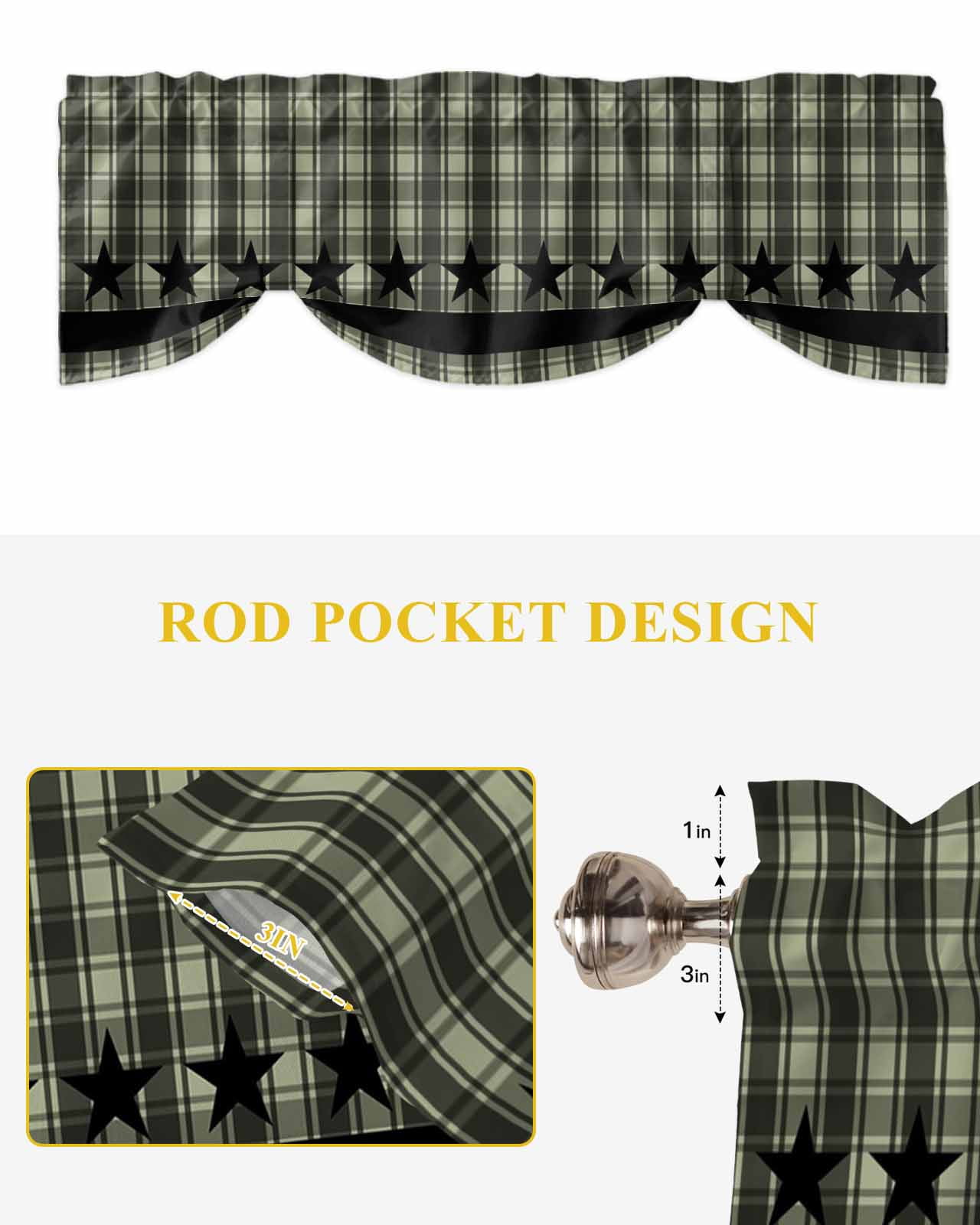 Checkered Stars Tie Up Valances Curtain, Adjustable Kitchen Sage Green Black Plaid Art Valances for Windows Decor, Rod Pocket Short Curtains Set for Bedroom/Bathroom, 54"x18"