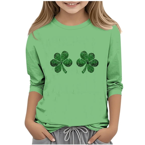WQNVRNR Unisex Kids St. Patrick's Day Graphic Shirt- Casual Crew Neck 3/4 Sleeve Spring Tops Festive Shirt for Boys Girls Green Size 5
