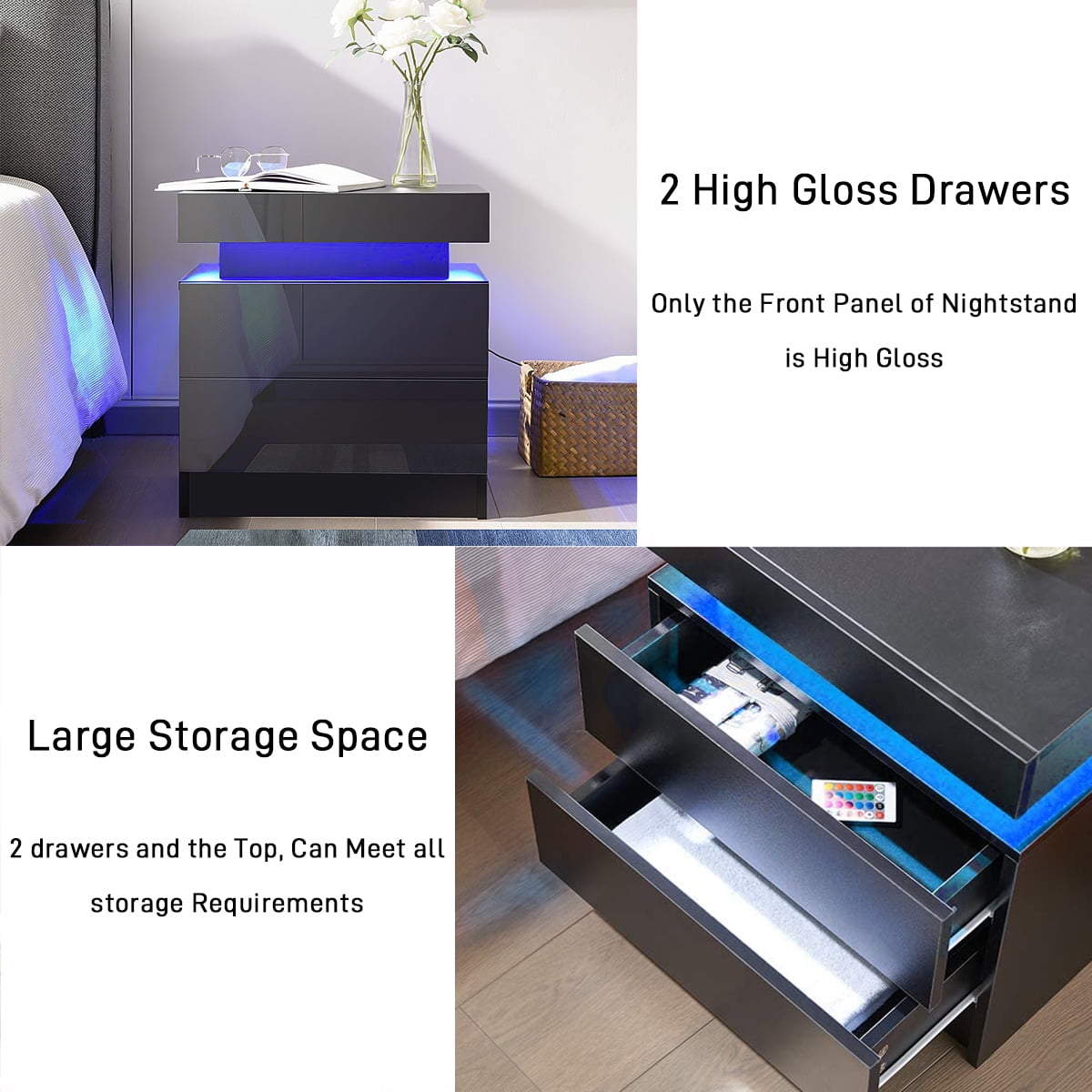 Hommpa 2 Drawer Modern Nightstand with RGB LED Light High Gloss Bedside Tables for Bedroom Black