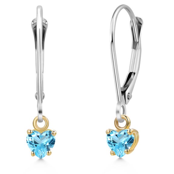 Gem Stone King 925 Silver and 10K Yellow Gold Swiss Blue Topaz Dangle Earrings for Women | 0.66 Cttw | Gemstone November Birthstone | Heart Shape 4MM