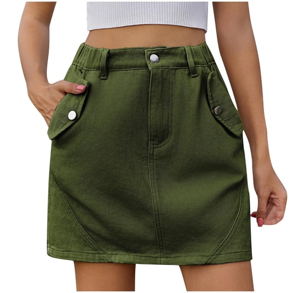 Npasoilc Denim Skirts for Women Trendy Elastic High Waist Button Solid Color Casual Cargo Wrap Mini Jean Skirt with Pockets