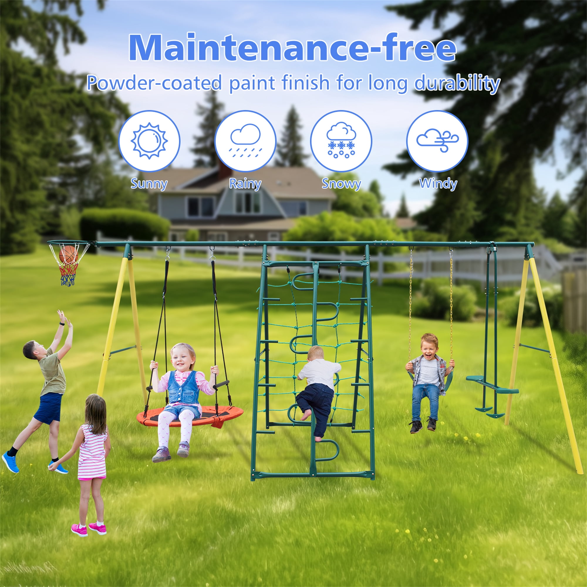 Aukfa 7 in 1 Kids Swing Set, Outdoor Heavy-Duty Metal Playset for Backyard with Fun Glider, Climbing