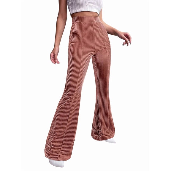 Women'S Velvet Elastic Waist Flare Leg Palazzo Long Pants Trousers Pink S