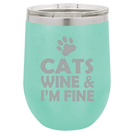 

12 oz Double Wall Vacuum Insulated Stainless Steel Stemless Wine Tumbler Glass Coffee Travel Mug With Lid Funny Cats Wine & I m Fine (Teal)