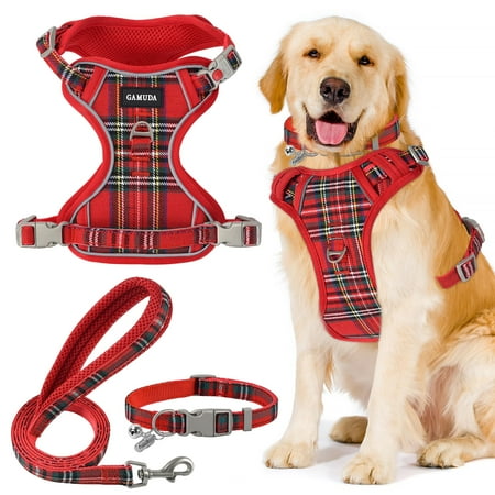 GAMUDA Dog Harness Collar DHF10 and Leash Set, Dog Harness, No Chock No Pull Adjustable Vest Harnesses Plaid Reflective for Medium Dog, Cat, Small Horse, Small Bull and Pig (Red, L)