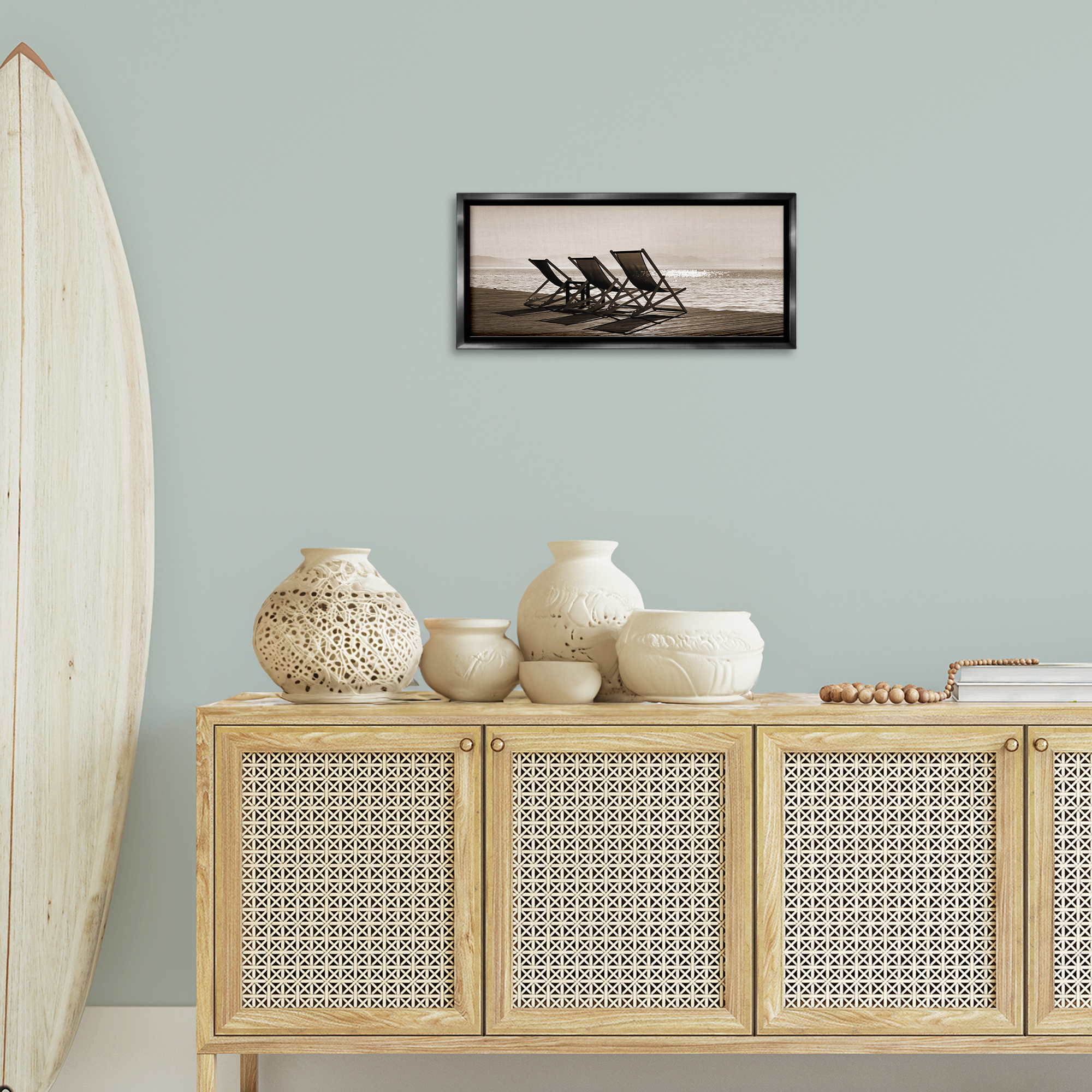Stupell Industries On Deck Beach Chairs Coastal Photography Black Floater Framed Canvas Art Print Wall Art, 25 x 11