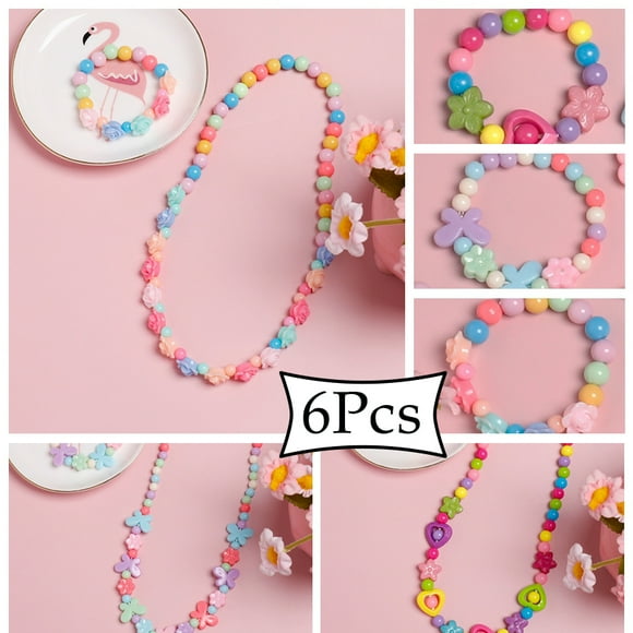 Amerteer 6 Pcs Toddler Costume Jewelry Princess Necklace Bracelet Set Girls Play Jewelry Kit Necklace Bracelet for Kids Play Dress Up for 3 4 5 6 7 8 9 10 Year Old Girls/Toddlers/Kids