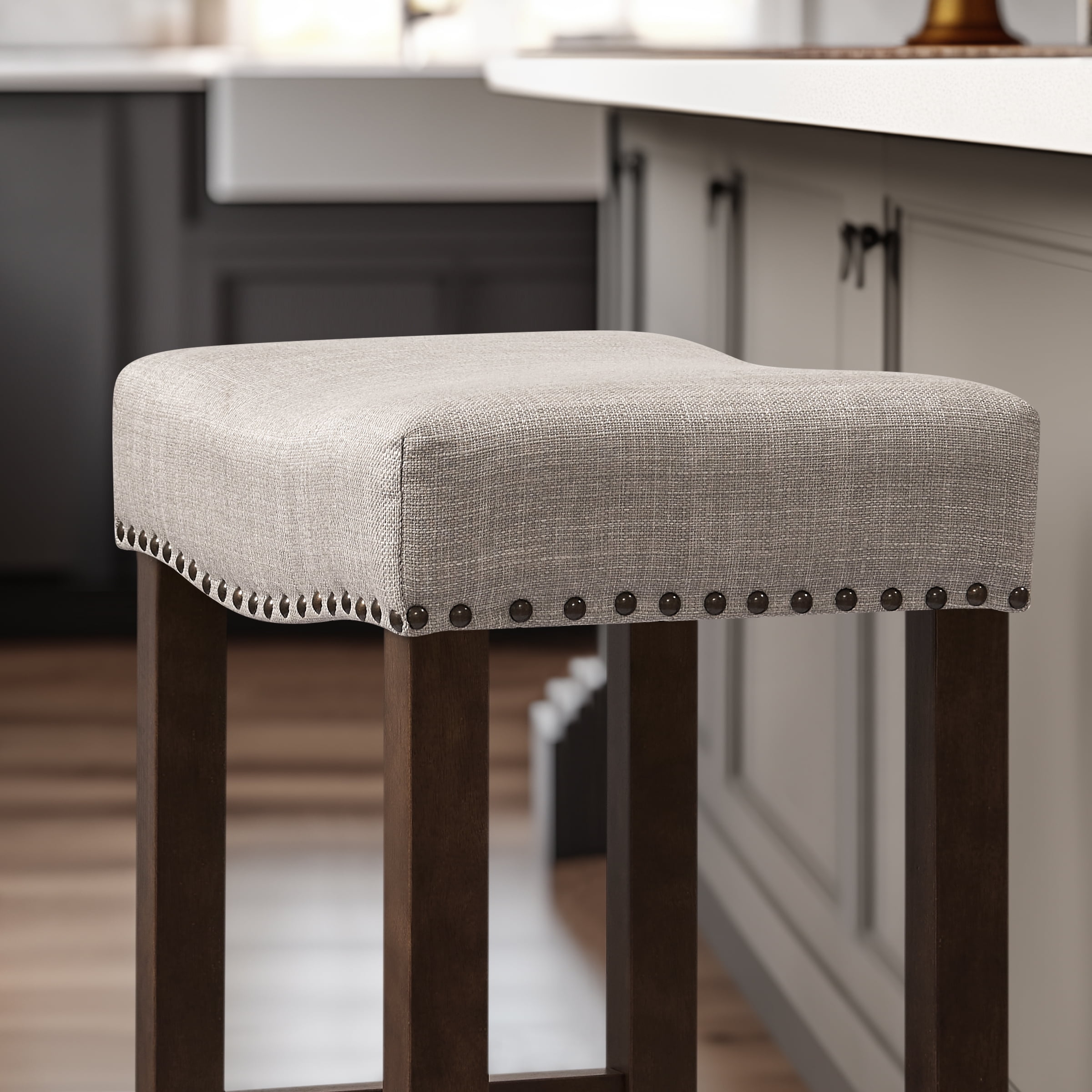 Subrtex Bar Stool Set of 2, 24" Backless Saddle Counter Height Kitchen Stool, Upholstered, Gray