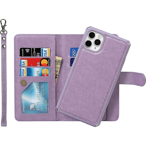 Wallet Case Compatible with iPhone 11 Pro Max Case,[6 Card Slots] [Wrist Strap] [Stand Feature] Detachable 2 in 1 Magnetic Leather Cover Shockproof Slim Case for iPhone 11 Pro Max,6.5" Purple