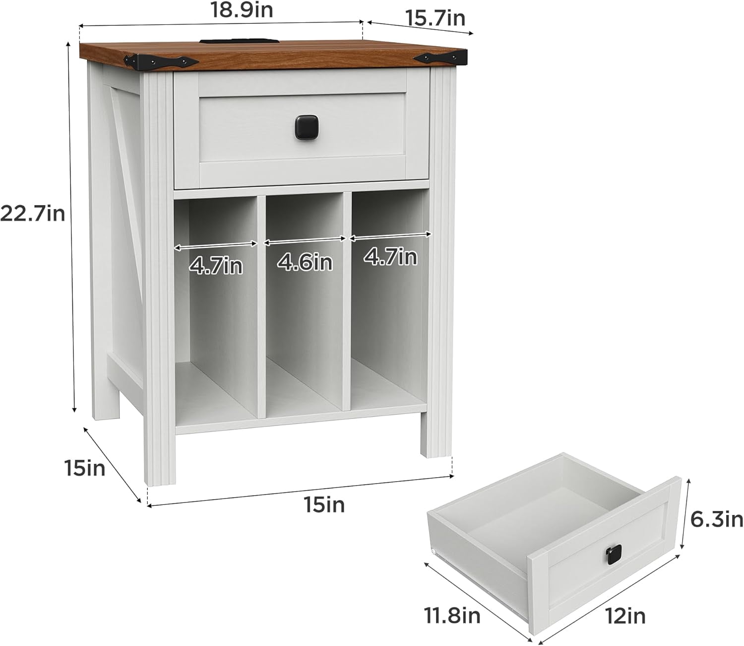 VEANERWOOD Nightstand with Drawers and Charging Station, Farmhouse Vinyl Record Storage Cabinet End Table for Bedroom Living Room