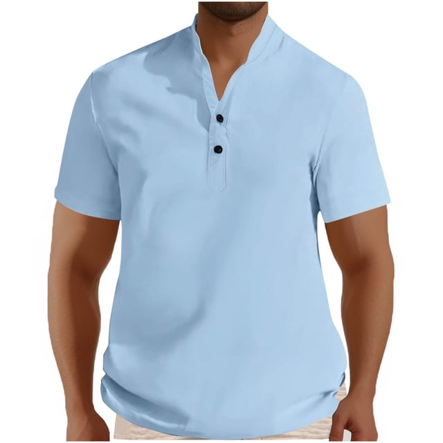 Camisa Elvqul para Hombre Azul Claro Manga Corta Liso Abotonada Cuello Redondo Gym Casual