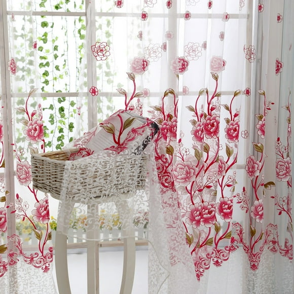 Fdelink Curtain Peony Sheer Curtain Tulle Window Treatment Voile Drape Valance 1 Panel Fabric Pink