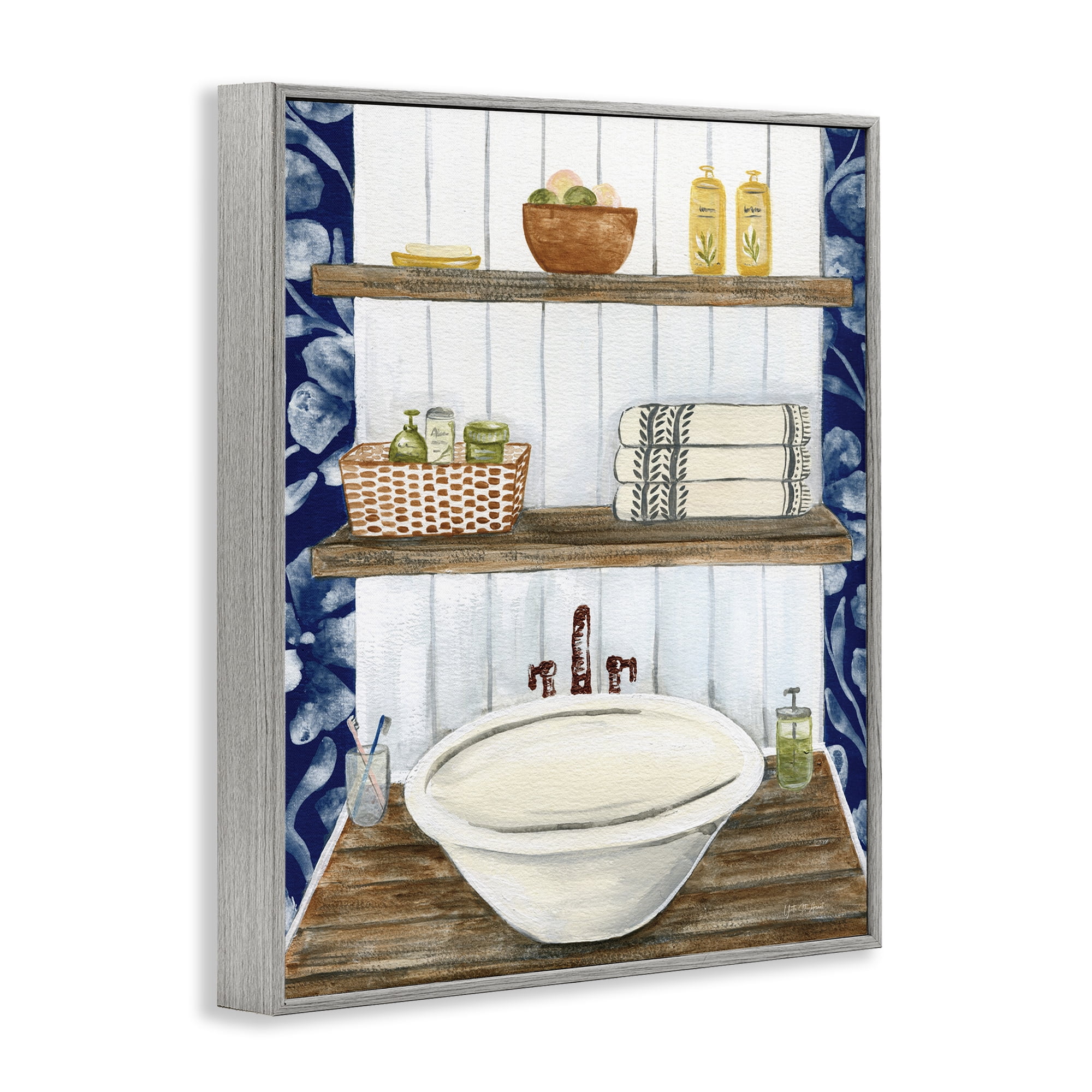 Stupell Industries Bold Blue Bathroom Typography Painting Gray Framed Art Print Wall Art, 11 x 14