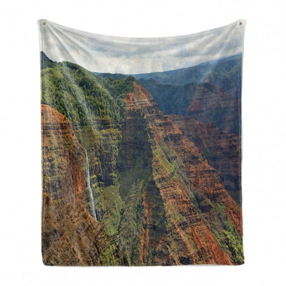 Nature Scene Soft Flannel Fleece Blanket, Waipoo Falls in Waimea Canyon Hawaii Nature Beauty Scenic Panorama, Cozy Plush for Indoor and Outdoor Use, 50" x 70", Ginger and Sage Green, by Ambesonne