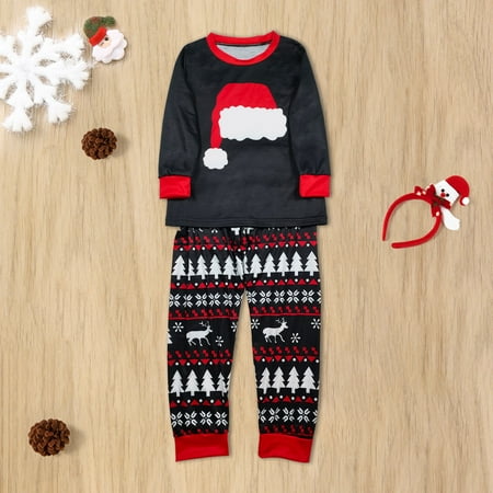 

ERTUTUYI Matching Family Pajamas Sets Christmas Hat Print Top And Pants Sleepwear For Kids Black 8T