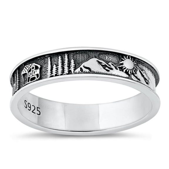 Mountain Tree Forest Sun Ring .925 Sterling Silver Band Jewelry Female Male Unisex Size 10