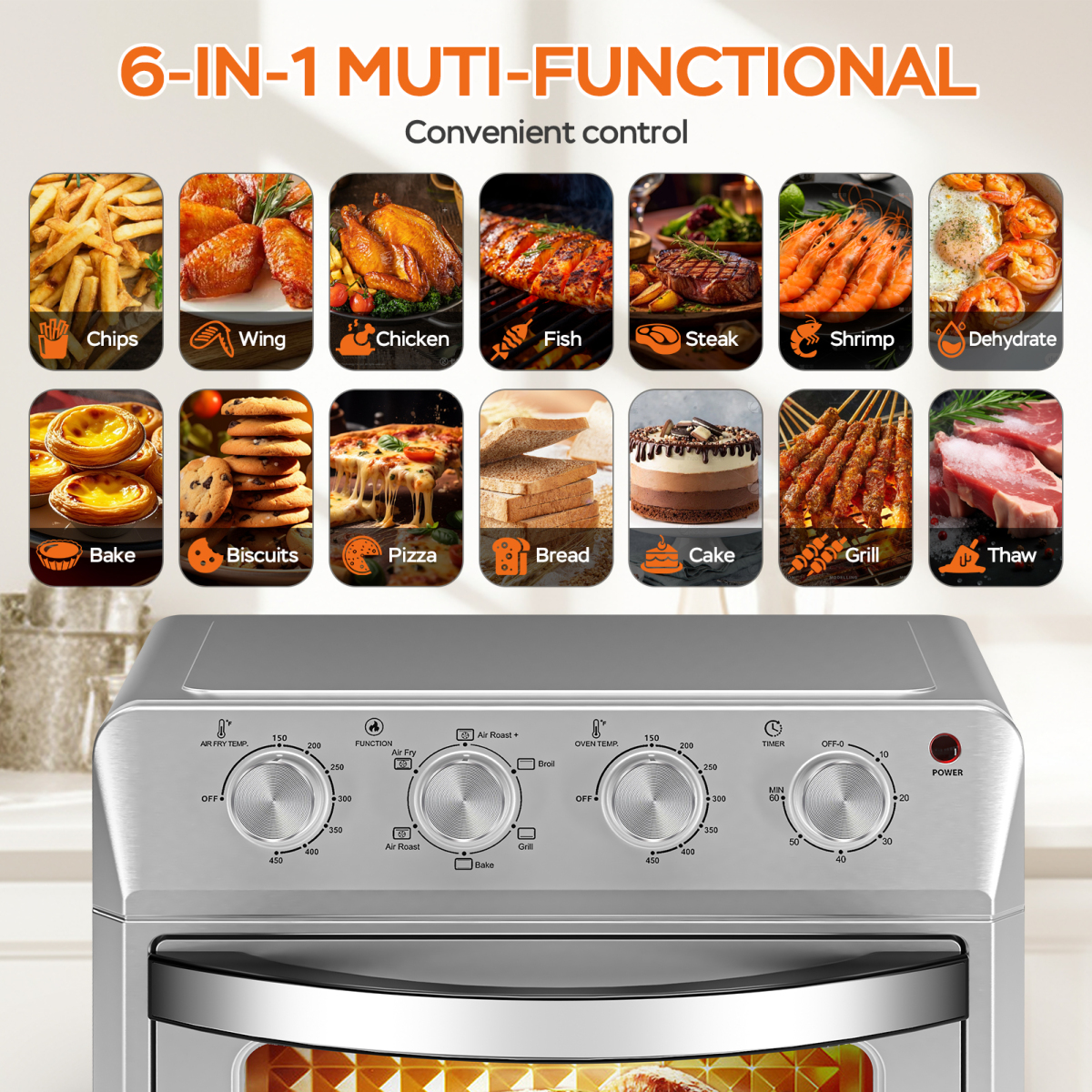 Plum Chef 27.5QT Family Size Air Fryer Oven - 6-in-1 Countertop Oven (Air Fry/Bake/Broil/Toast/Warm/Dehydrate) 1600W 4-Knob Control Silver