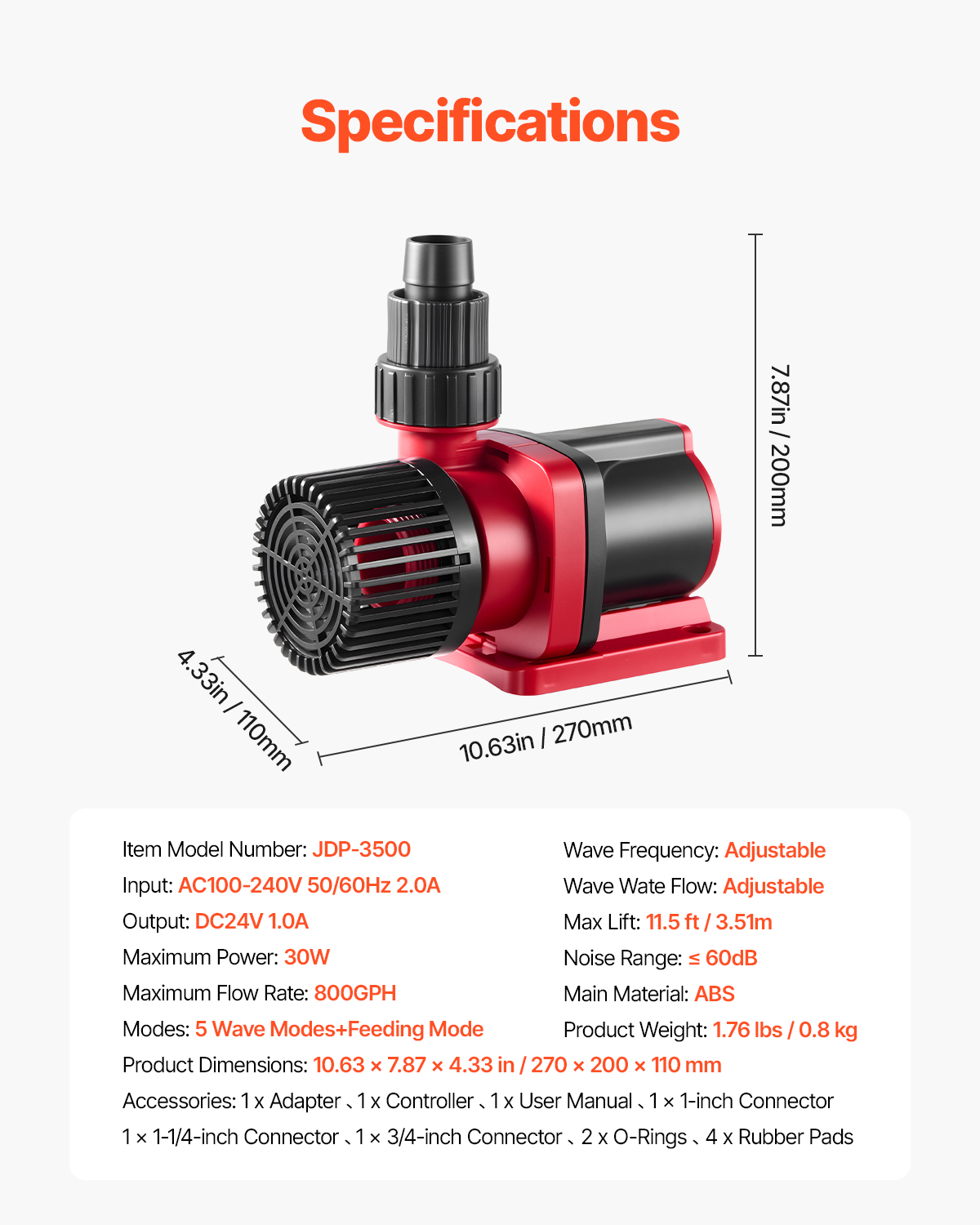 VEVOR Aquarium 24V DC Water Pump, 30W, 800 GPH Marine Wavemaker Return Pump with Controller, Adjustable Flow, Feed Mode, 11.5 ft Maximum Lift,for Saltwater Freshwater Fish Tank Sump Pond Circulation