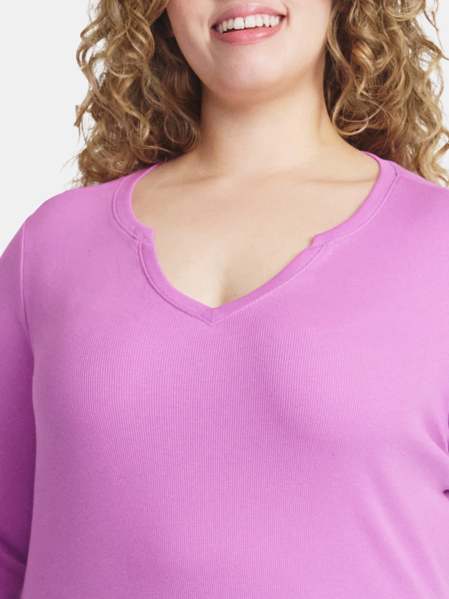 Terra & Sky Women's Plus Long Sleeve Notch Neck Top