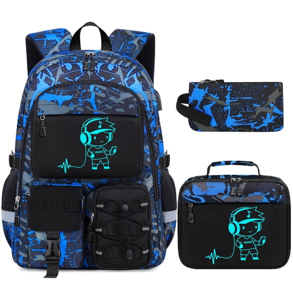 School Backpack for Boys - 3pcs Gamer Boys Backpack with Lunch Box Set for Kids Teens Elementary Middle High School,18″ Large Capacity Students Bookbag with Usb Charging Port