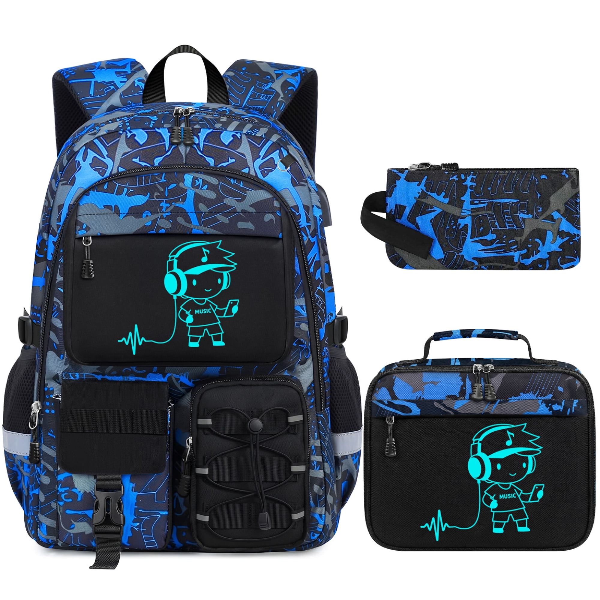 School Backpack for Boys - 3pcs Gamer Boys Backpack with Lunch Box Set for Kids Teens Elementary Middle High School,18″ Large Capacity Students Bookbag with Usb Charging Port