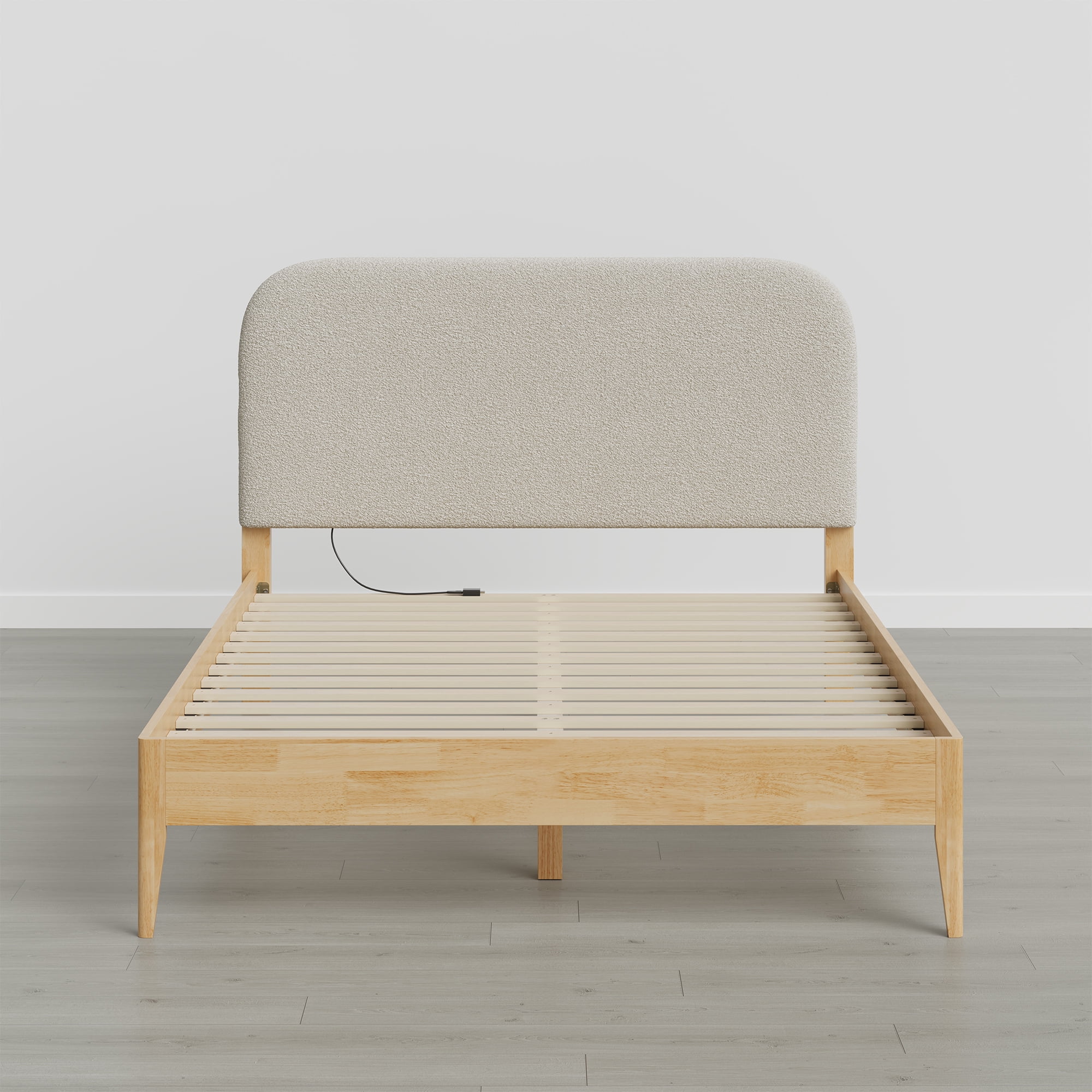 Spruce & Spring Modern Upholstered Bed Frame with Bouclé Headboard, USB & Type-C Charging Ports, Queen