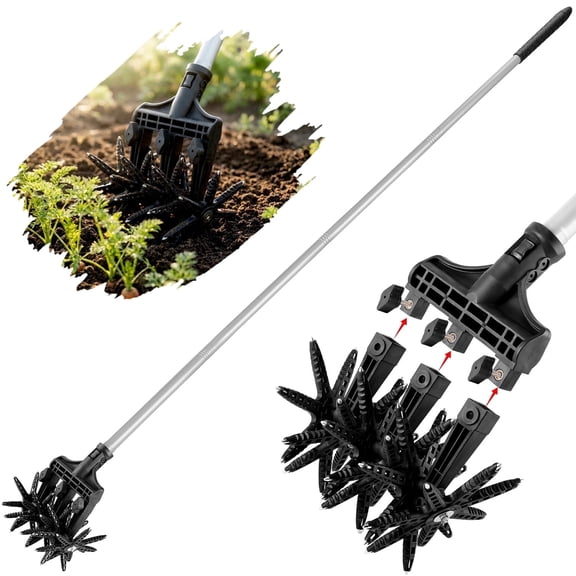 Kidsjoy 69in Manual Hand Tiller,2-in-1 Lawn Aerator Cultivator Tool with Adjustable Handle,42 Tines Stainless Steel Garden Tool for Soil Loosening Weeding Seeding Soil Mixing ﻿