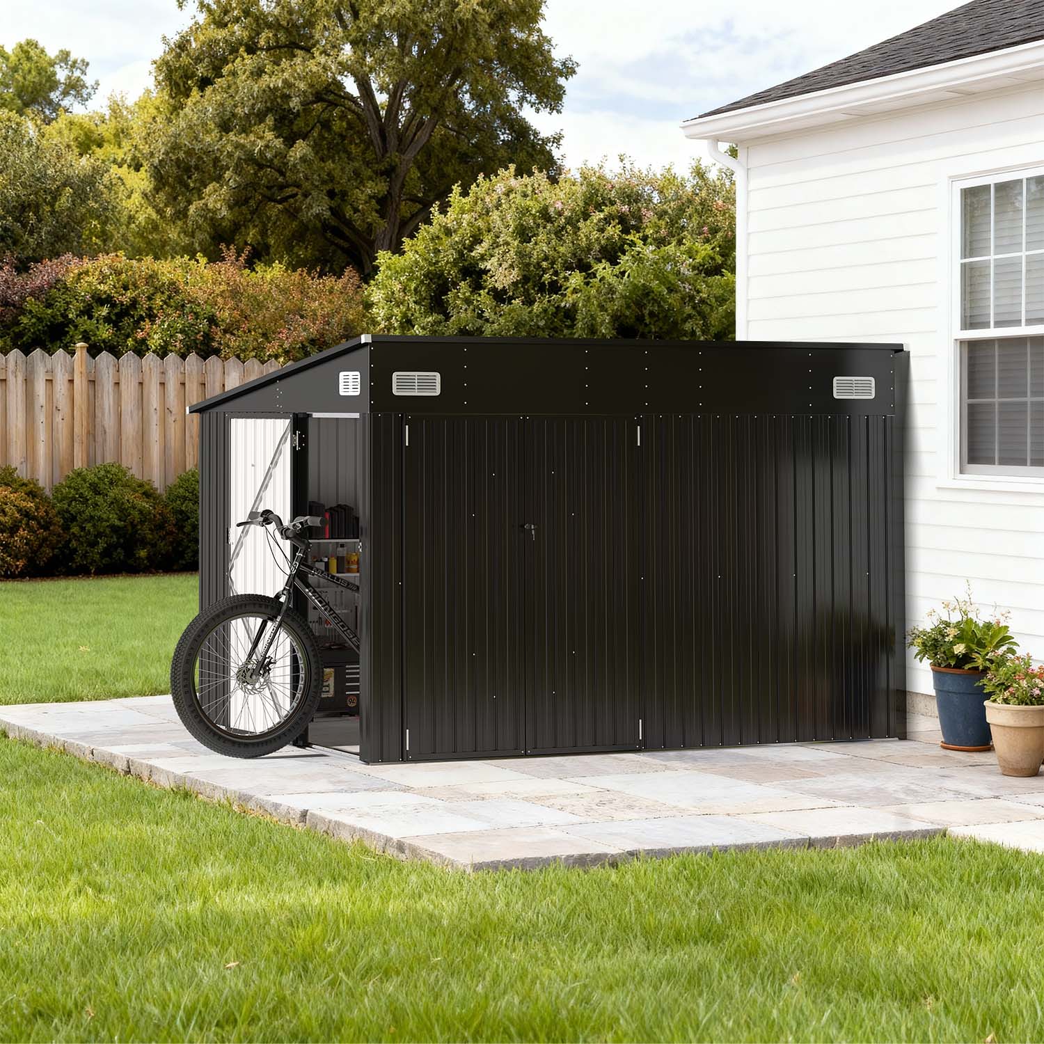 BaPiPro 10'x8' Heavy Duty Metal Storage Shed, Large Outdoor Storage with Lockable Triple Doors & Vents, Lean-to Tool Shed for Garden, Backyard, Patio - Black
