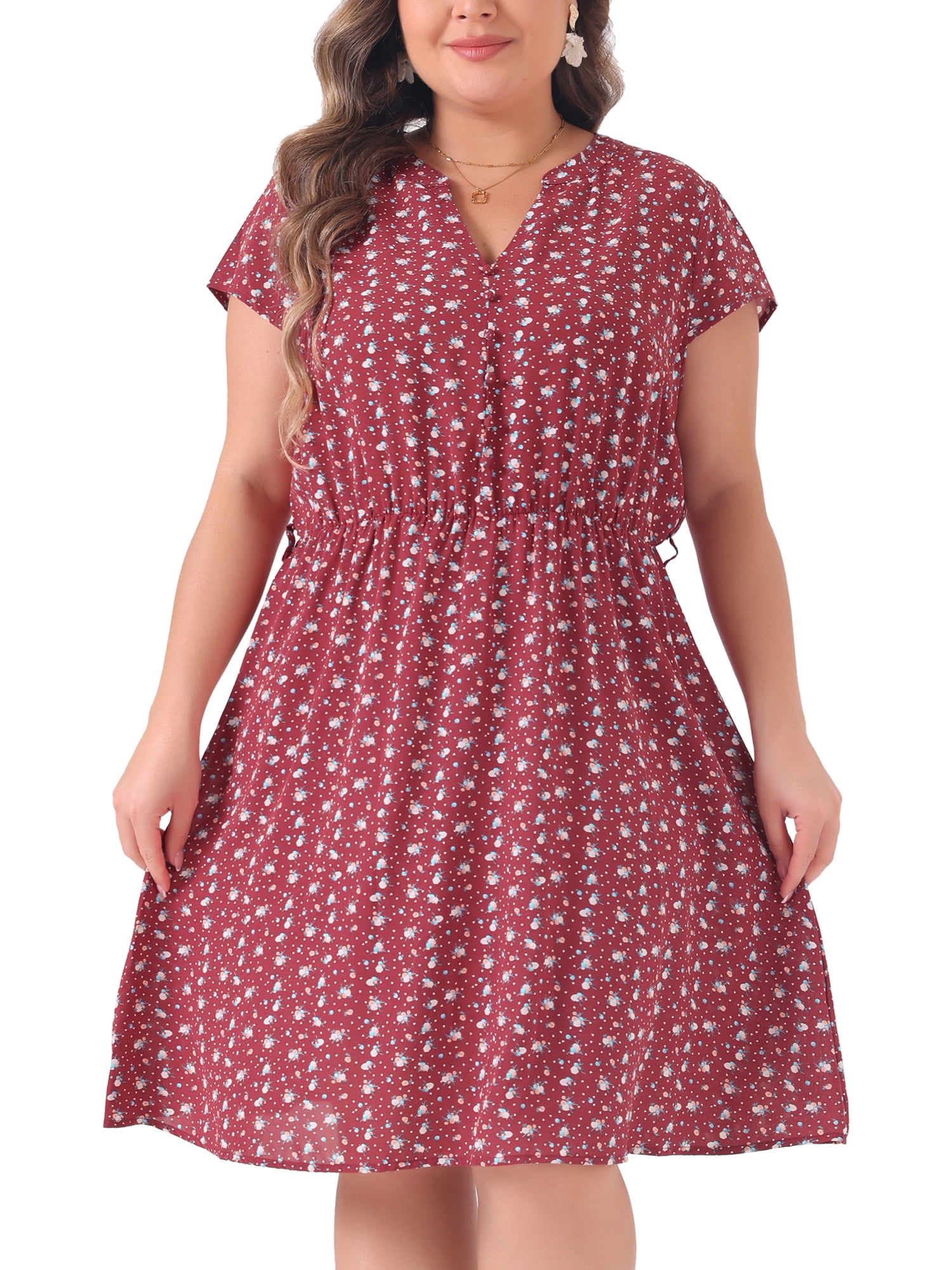 DARING DIVA Plus Size Floral V Neck Tie Belted Dress 2X Red