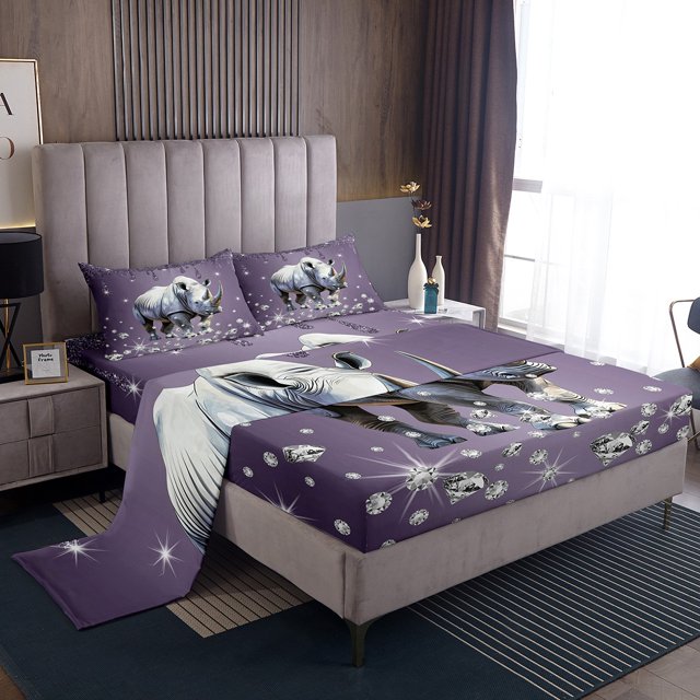 Erosebridal Wildlife Rhinoceros Bed Sheets Set Full Size For Kids,Bling Sequin Print Bedding Full Size,Crystal Room Decorative,Breathable,4pcs