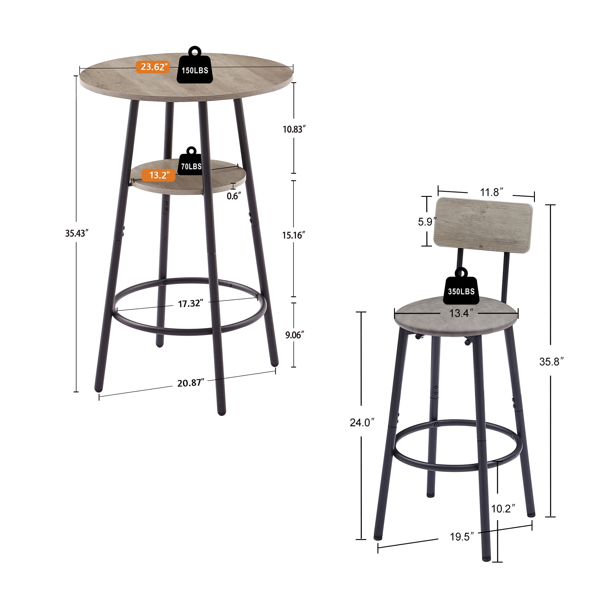 AUKFA 3-Piece Bar Table Set, Pub Dining Table, PU Upholstered Stools with Backrest for Kitchen Small Space, Gray