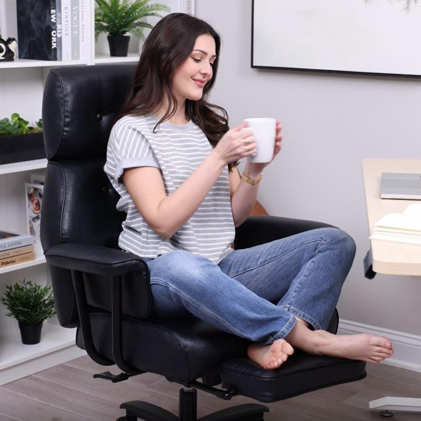 Ninecer Reclining Office Chair with Footrest, Big and Tall Desk Chair 400lbs, Adjustable Height Computer Chair, Thick Cushion & Lumbar Support, Swivel Office Chair with Arms, Black
